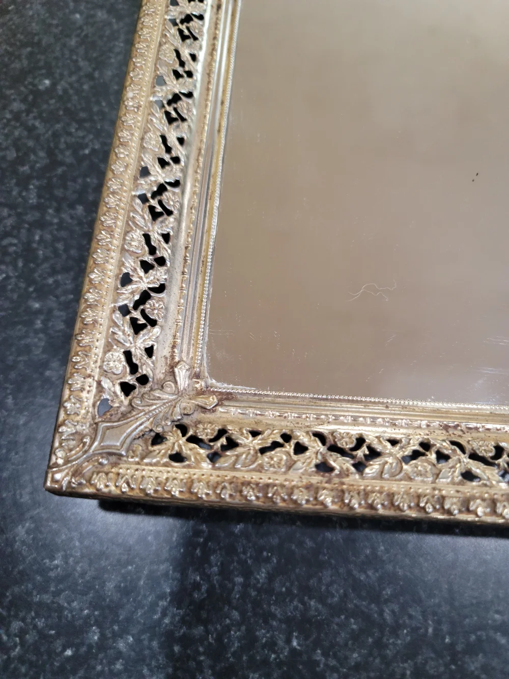 Vintage gold-tone metal filigree mirrored vanity tray